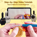 Step-by-step video tutorials for crochet beginners with a smartphone screen showing hands crocheting.