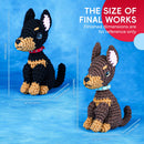 Two crochet dogs with measurements on a blue background