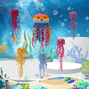 Colorful jellyfish toys in an underwater scene with fish and coral.