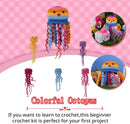 Colorful octopus crochet kit with a pink checkered background