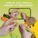 Crocheting a small animal with text about step-by-step videos and a crochet pattern booklet on a green and yellow background.