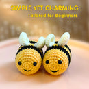 Two crochet bee toys on a light background with text 'Simple Yet Charming, Tailored for Beginners'.