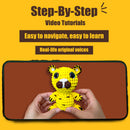 Phone screen showing a yellow crocheted tiger toy held by hands with promotional text about step-by-step video tutorials.