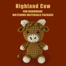 Crocheted Highland cow toy on a brown background with text about a matching materials package.