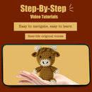 Crocheted bear toy on a hand with promotional text for step-by-step video tutorials.
