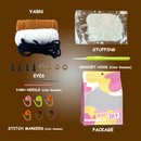Crochet kit components including yarn, stuffing, crochet hook, eyes, yarn needle, stitch markers, and package on a brown background.