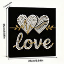Decorative panel with heart design and 'love' text on a black background, with measurements indicated.