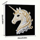 Decorative unicorn head with pearls and gold accents on a black background, with measurements indicated.