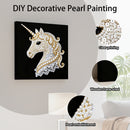 DIY decorative pearl painting of a unicorn with clear printing, wooden frame shedding, and pearl embellishment details.