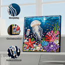 Decorative panel with underwater scene featuring a jellyfish, starfish, and coral, with pearl embellishments.