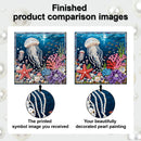 Comparison of a printed symbol image and a beautifully decorated pearl painting with jellyfish and coral.