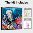 Pearl diamond kit with underwater scene including jellyfish, starfish, and corals, with pearl and drilling accessories shown.