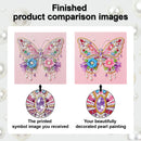 Comparison of a printed butterfly design and a decorated pearl painting on a pink background.
