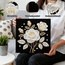 Person holding a decorative art piece with floral design, surrounded by close-ups of clear printing, wooden frame shed, and pearl embellishment.