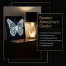 Decorative butterfly artwork and lamp with text highlighting features on a dark background