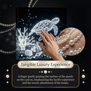 Canvas with turtle design, hand touching pearls, and close-up of pearls on a black background.