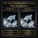 Comparison of DIY pearl painting before and after with turtle design on a dark background.