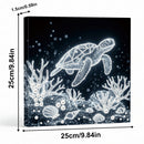 Canvas print with a turtle and coral design, showing dimensions on a black background.