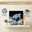 Decorative artwork of a turtle and coral on a shelf with text highlighting features.