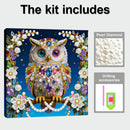 Decorative diamond painting kit with owl design, pearl diamonds, and drilling accessories on a blue background.