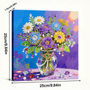 Decorative diamond painting of flowers in a vase with measurements on a blue and purple background.