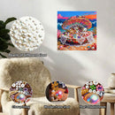 Decorative painting of a shell with pearls and crystals, surrounded by close-ups of pearls and embellishments.