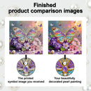 Comparison of a printed butterfly design and a decorated pearl painting on a white background.