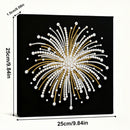 Decorative wall art with a starburst design made of pearls and gold beads on a black background, with measurements indicated.