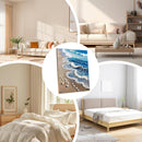 Collage of a modern bedroom with a bed, sofa, and wall art.