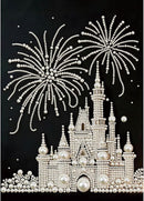 Decorative design of a castle and fireworks made with pearls on a black background