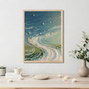 Framed abstract art piece on a wall above a table with decorative items.