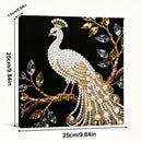 Decorative peacock design with measurements on a black background
