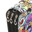 Close-up of a zippered pouch or wallet with a black zipper track and four silver-tone triple zippers, featuring a colorful graffiti-style cartoon print on a white background.