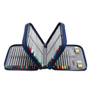 An open navy blue zippered pencil case holding a large set of colored pencils, arranged symmetrically on a plain white background.