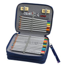 An open navy blue zippered pencil case containing a set of colored pencils, a ruler, and small erasers, photographed on a plain white background.
