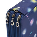 Close-up of a navy blue zippered pouch with a dandelion print, featuring three silver metal zipper pulls and a silver snap button closure.