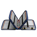 An open blue zippered pencil case holding multiple sets of colored pencils and drawing tools, shown on a plain white background.