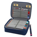 An open navy blue zippered pencil case containing a set of 6B colored pencils and a ruler, shown on a white background.
