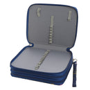 Blue and gray case with multiple compartments on a white background