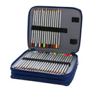 An open blue zippered pencil case filled with gray pencils arranged in rows on a white background.