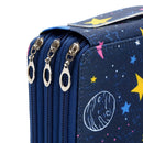 Close-up of a navy blue zippered pouch or case with a space-themed print featuring yellow and blue stars, a white moon, and small pink and yellow accents, shown on a white background.