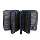 Set of colored pencils in a blue case on a white background
