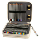 An open zippered pencil case containing multiple colored pencils arranged in rows. The case is cream-colored with black elastic bands and gold-tone clasps, shown on a plain white background.