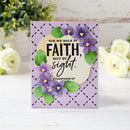 Decorative card with purple flowers and 'For we walk by faith, not by sight' text on a white background.