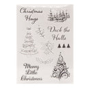 Clear stamp set with Christmas-themed designs and text on a white background