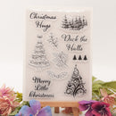 Clear stamp set with Christmas-themed designs and text on a white background.