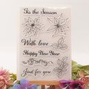 Clear stamp set with floral designs and text on a white background