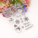 Clear stamps with winter-themed designs including snowmen and snowflakes on a white background.