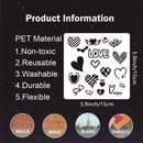 Product information card with stencil design, material details, and application options on a black background.