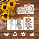 Sunflower stencils with measurements on a wooden surface, featuring eco-friendly, reusable, non-toxic, and washable icons.